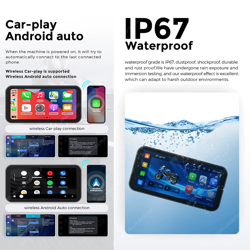 Enregistreur de conduite DVR automatique étanche pour moto, prise en charge de la navigation GPS, Carplay sans fil, Android, TPMS, IP67, portable, 6.25 pouces