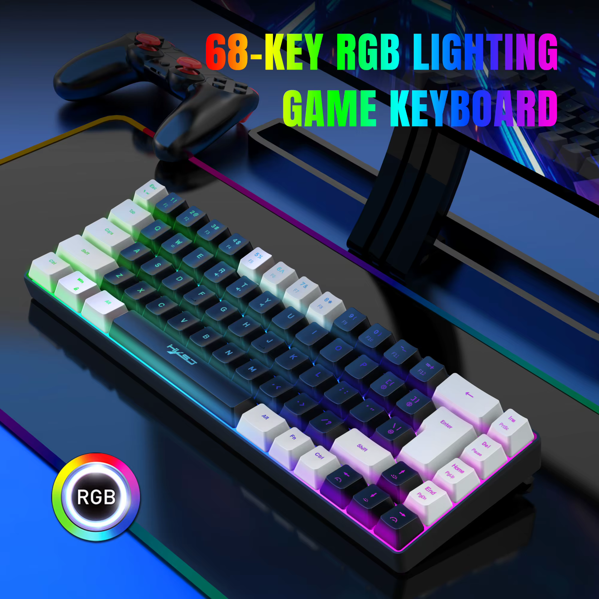 68 touches clavier de jeu USB filaire Portable 20 RGB rétro-éclairage
