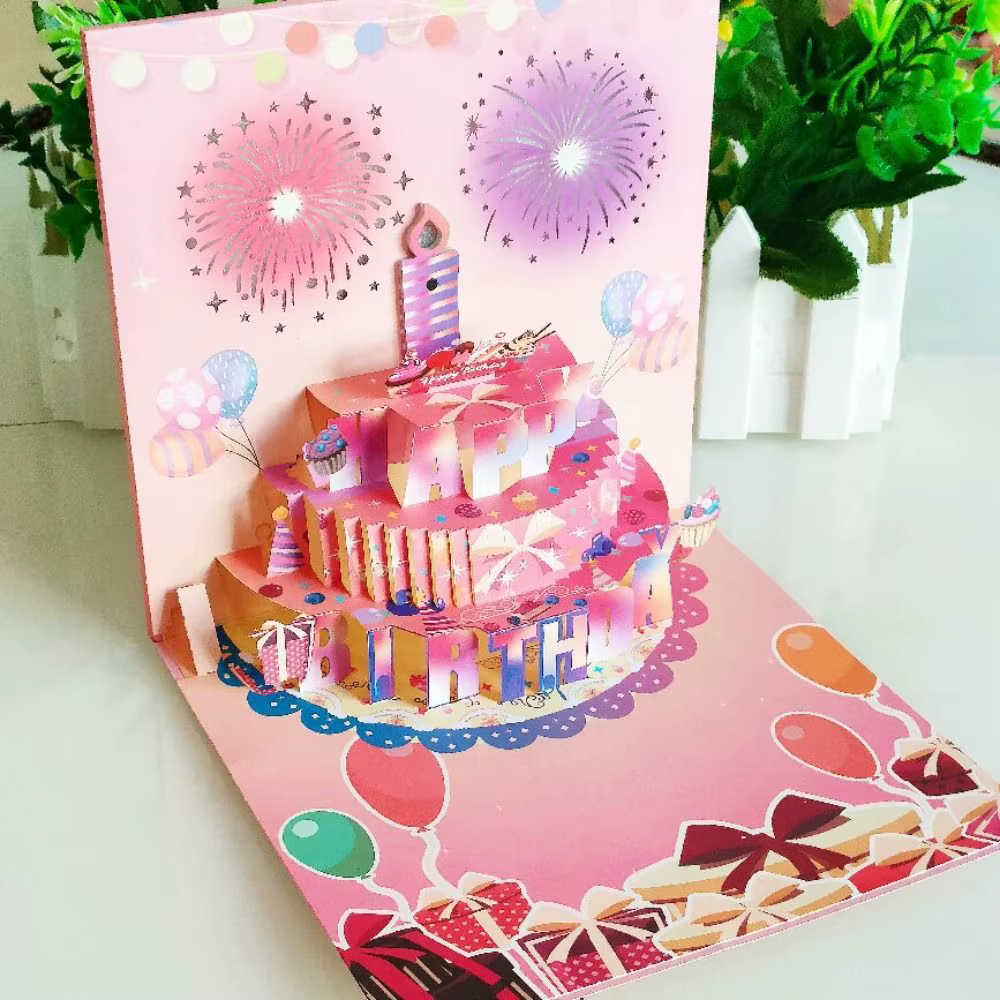 Carte de vœux musicale et lumineuse Joyeux Anniversaire avec effet bougie LED soufflable, carte postale gâteau d'anniversaire, découpe de papier ajourée unique