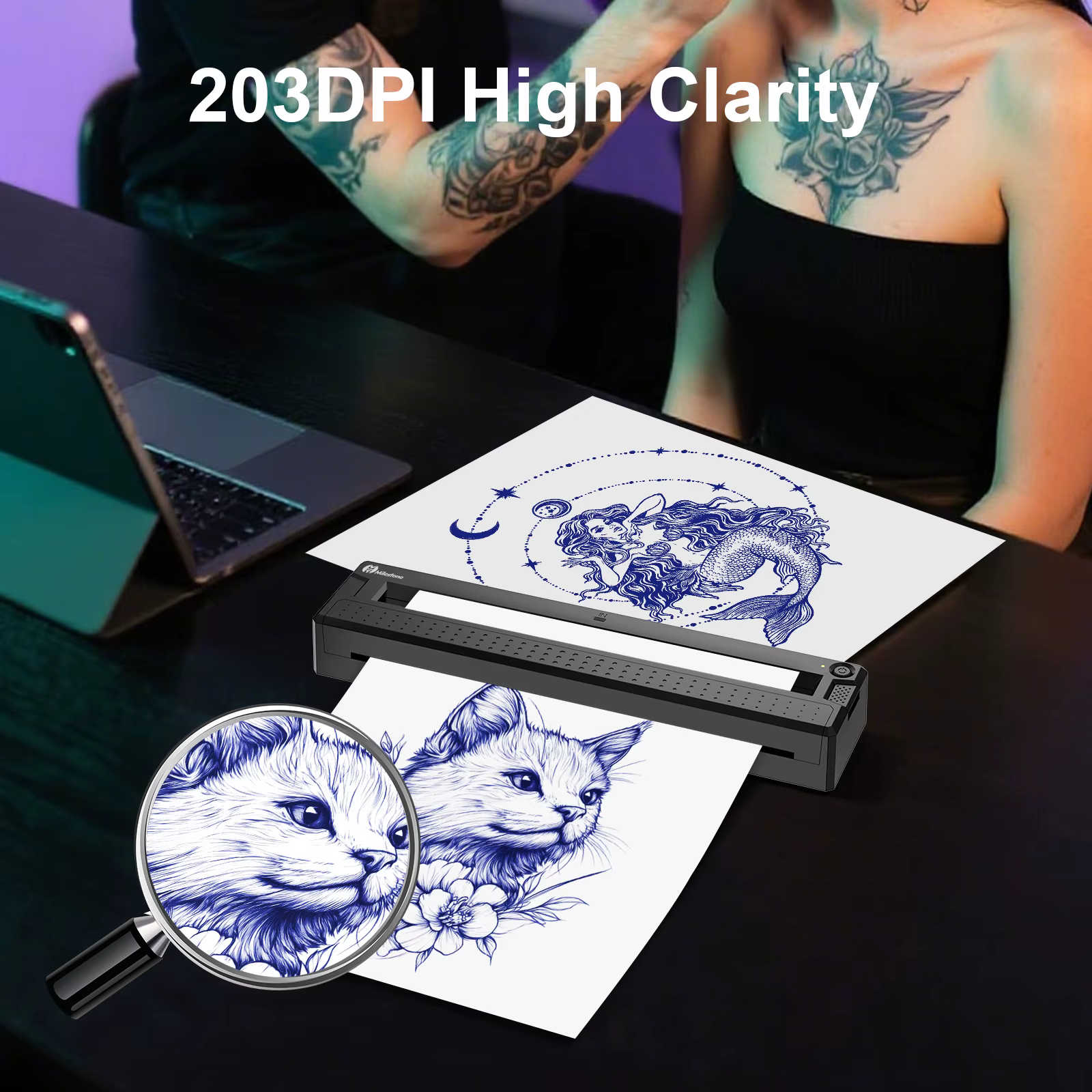 Imprimante thermique Bluetooth portable - Mini imprimante sans fil pour pochoirs de tatouage et impression de documents, équipée de papier pour tatouage +