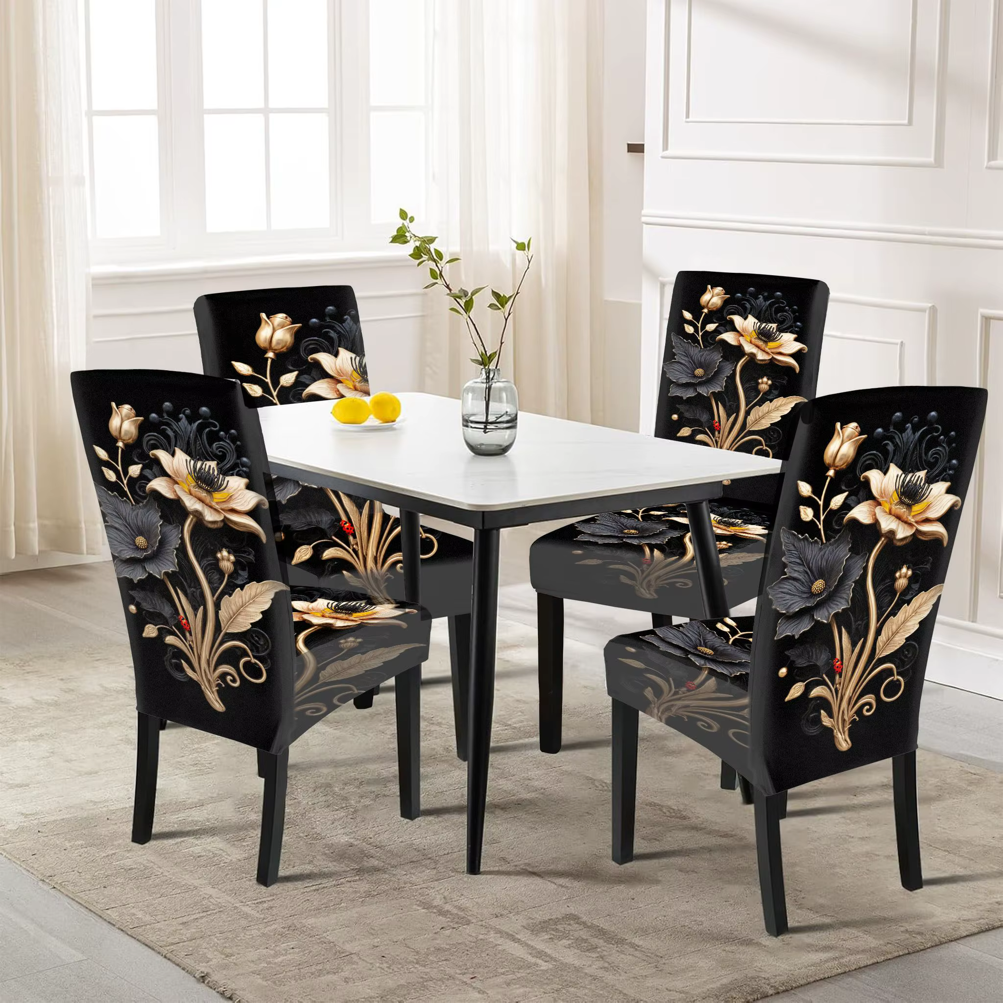 Housse de chaise de salle à manger extensible, luxe, or noir, floral, Art Déco, amovible, lavable, housse de chaise de salle à manger pour la maison