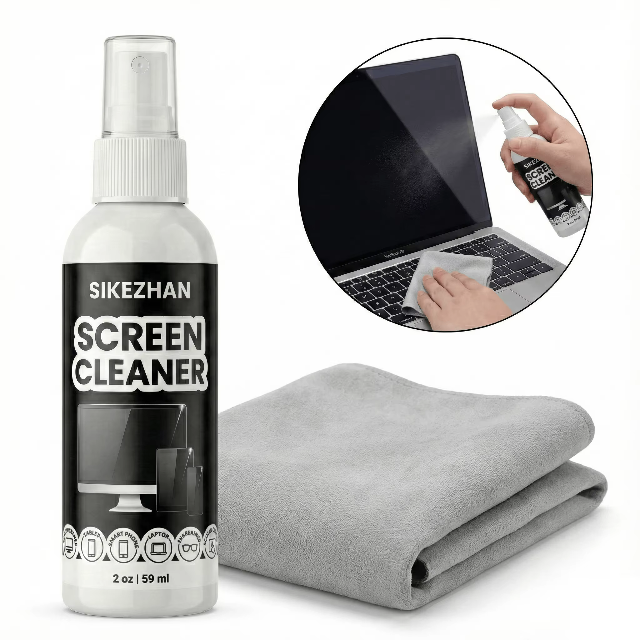 SIKEZHAN Kit de nettoyage d'écran avec chiffon de polissage – Spray sans traces pour MacBook