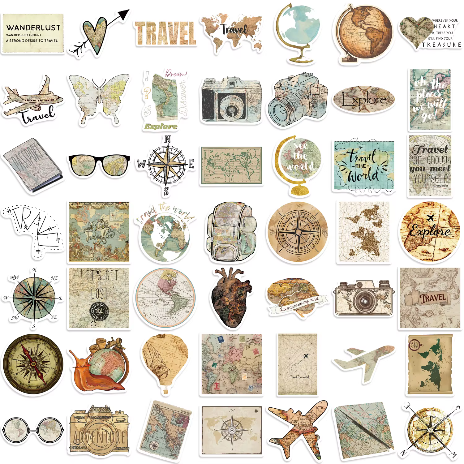 Autocollants de carte de voyage pour enfants, étiquette étanche pour bagages d'ordinateur, décoration pour étudiants, papeterie, DIY bricolage, 50 pièces