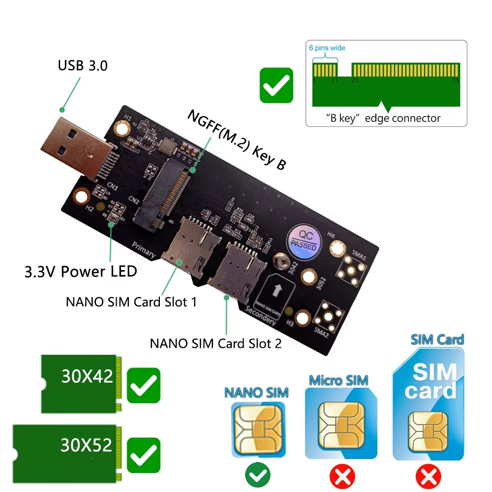 1 adaptateur carte X Dual M.2 NANO SIM, convertisseur M2 vers USB 3.0 pour accessoires LTE WLAN 3/4/5G