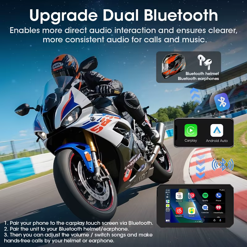 GPS de navigation portable pour moto 5 pouces, sans fil, CarPlay, Android Auto, Bluetooth, étanche IPX7, écran de surveillance moto, compatible TPMS
