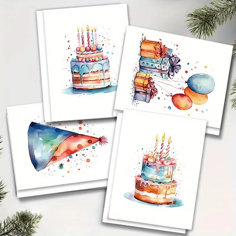 Carte de vœux d'anniversaire à l'aquarelle avec gâteau, écriture manuscrite, vœux d'anniversaire, cartes vierges, cartes de remerciement, lettres d'invitation, cadeaux de fêtes