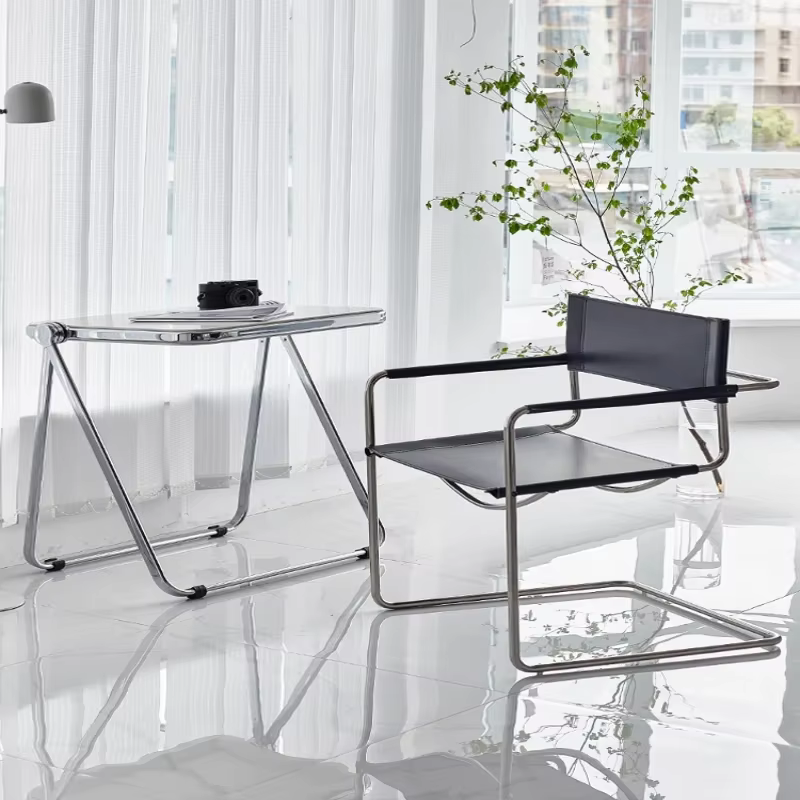 Bauhaus – chaise à dossier avec accoudoirs de bureau, selle en acier inoxydable, chaise de salle à manger en cuir, chaises de loisirs confortables, meubles pour accessoires Photo