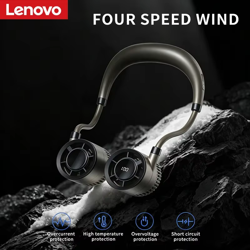 Ventilateur de cou portable Lenovo 100 vitesses, sans pales, avec écran LED, rechargeable par USB, pour les sports de plein air et les voyages