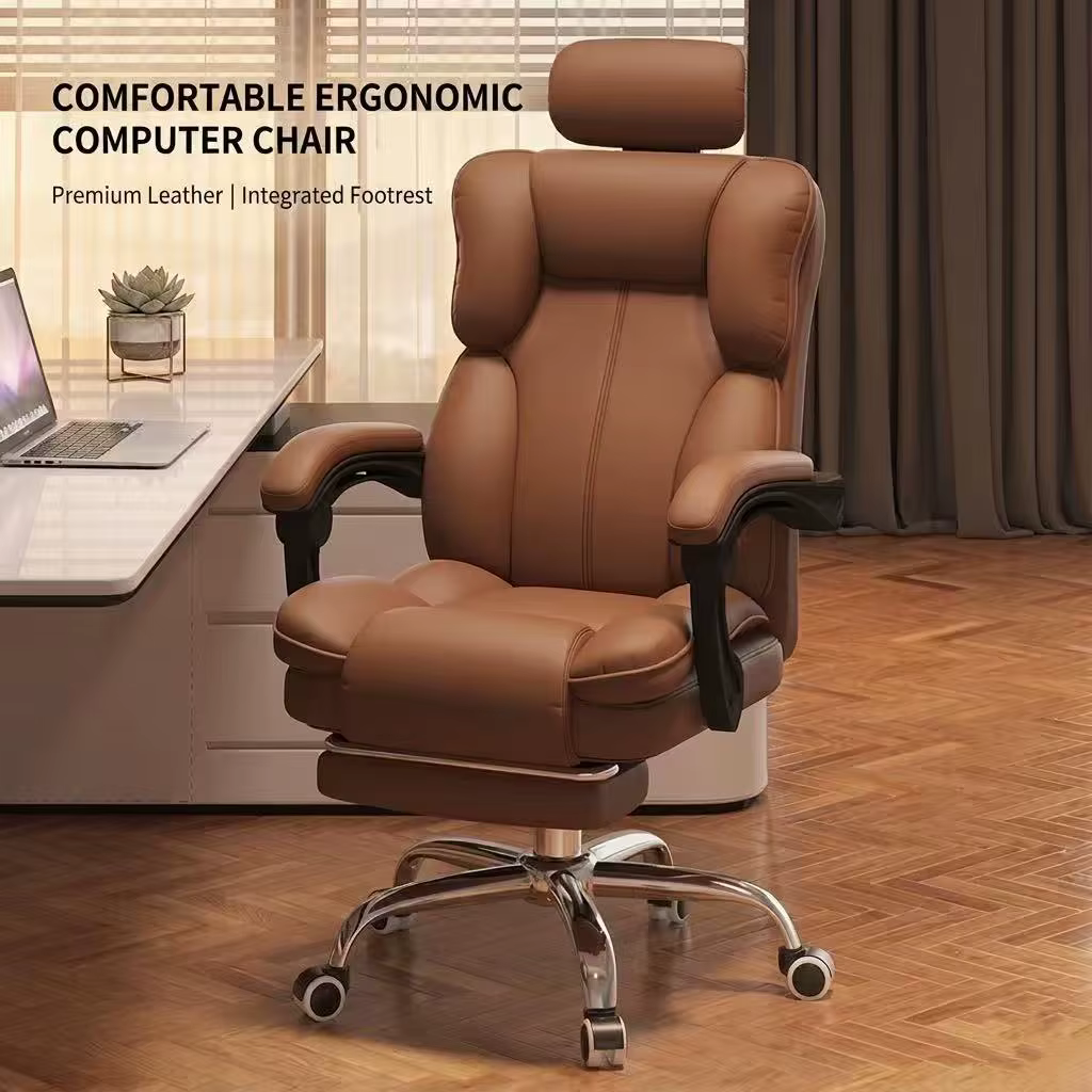 Chaise de bureau ergonomique de luxe à dossier haut en cuir PU avec appui-tête