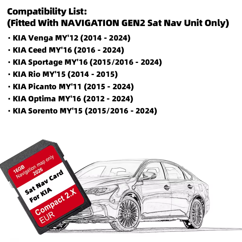 Navigation GEN2 Cartes Europe Turquie Mises à Jour 2026 Compact 2.X 16 Go Sat Navi pour KIA Venga Ceed Sportage Rio Picanto Optima Sorento