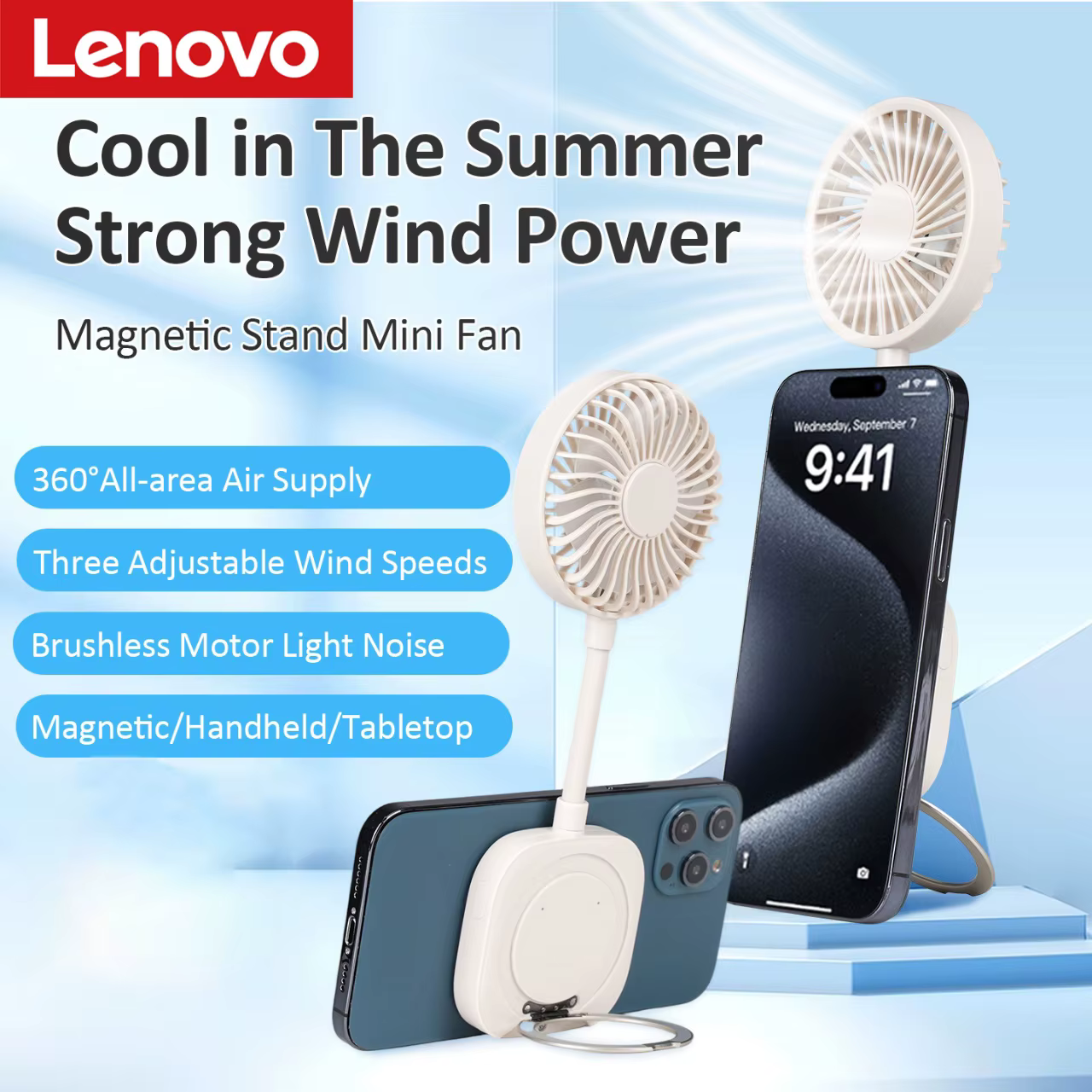 Ventilateur portable magnétique Lenovo, mini ventilateur de bureau rechargeable par USB avec support pour téléphone, idéal pour les voyages en extérieur, les étudiants et le bureau
