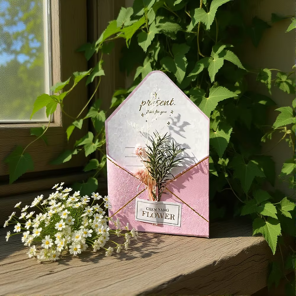 Carte de vœux avec fleurs séchées, estampage doré élégant, enveloppe rose, carte commémorative pour invitation, cadeau de fête
