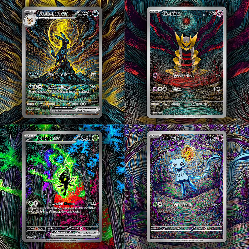 Carte PKM Série Style Psychedelique Sombre Umbreon Giratina Shiny Mew – Carte de Collection Classique Anime – Carte Réelle – Anglais