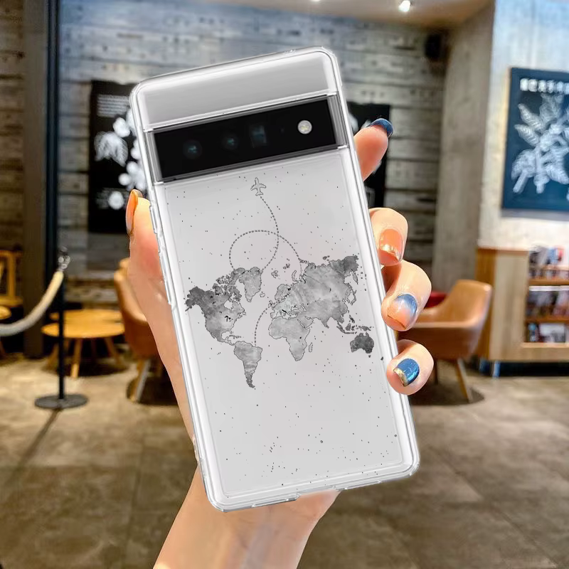 Coque de téléphone en TPU transparent, carte du monde de dessin animé, direction de paysage, pour Google Pixel 9 Pro XL 8 7 6 Pro 8A 7A 6A 5 4 5A 4A 3A XL 5G