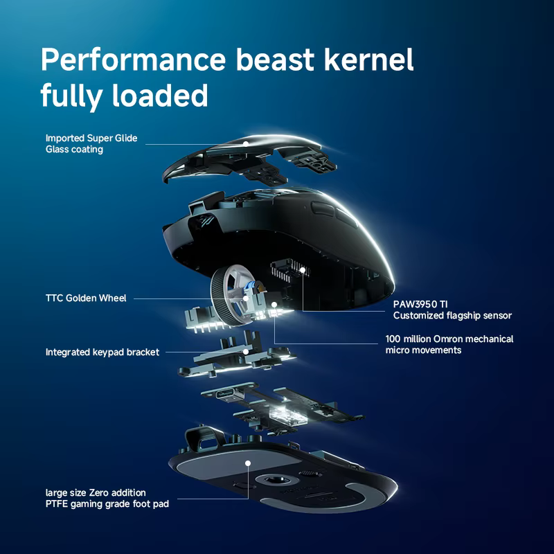 MCHOSE A7 V2 Ultra souris de jeu PAW3950 TI capteur double 8000Hz 20000fps 42000DPI 750IPS importé Super glisse revêtement en verre CSGO