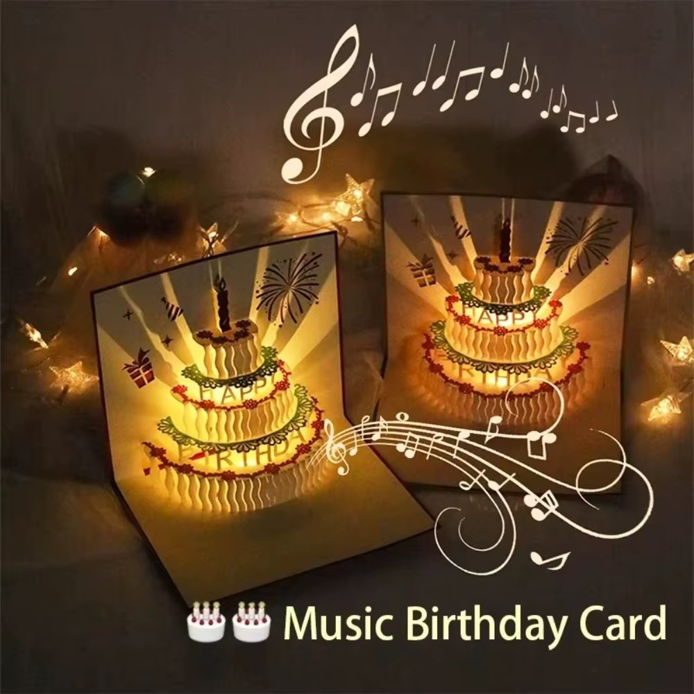 Carte d'anniversaire musicale créative pop-up, carte 3D gâteau d'anniversaire évidée, carte de message en papier pour fête d'anniversaire