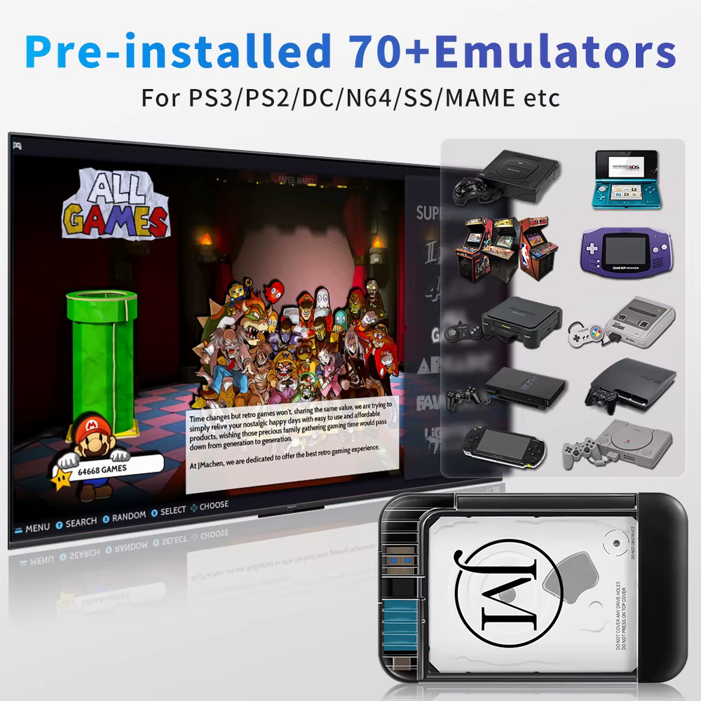 RETROBAT Consoles de disque dur de jeu portables 500G 70 + émulateurs 64000 + jeux rétro pour