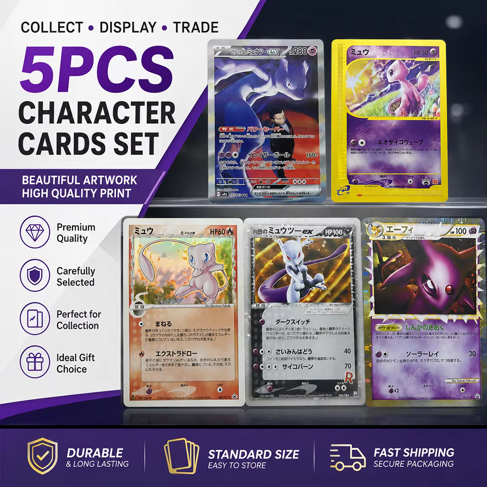 Lot de 5 cartes à collectionner PTCG Anime Mew Mewtwo Espeon, cartes holographiques, collection de cartes rares, affichage artistique, cadeau pour collectionneurs