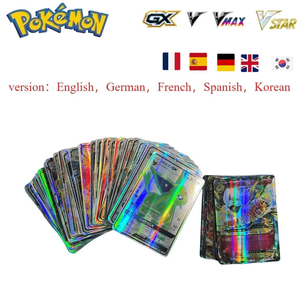 Nouveau modèle Pokemons français anglais allemand coréen espagnol cartes Pokemons carte GX VMax VMAX V TT Pikachu Anime carte de combat