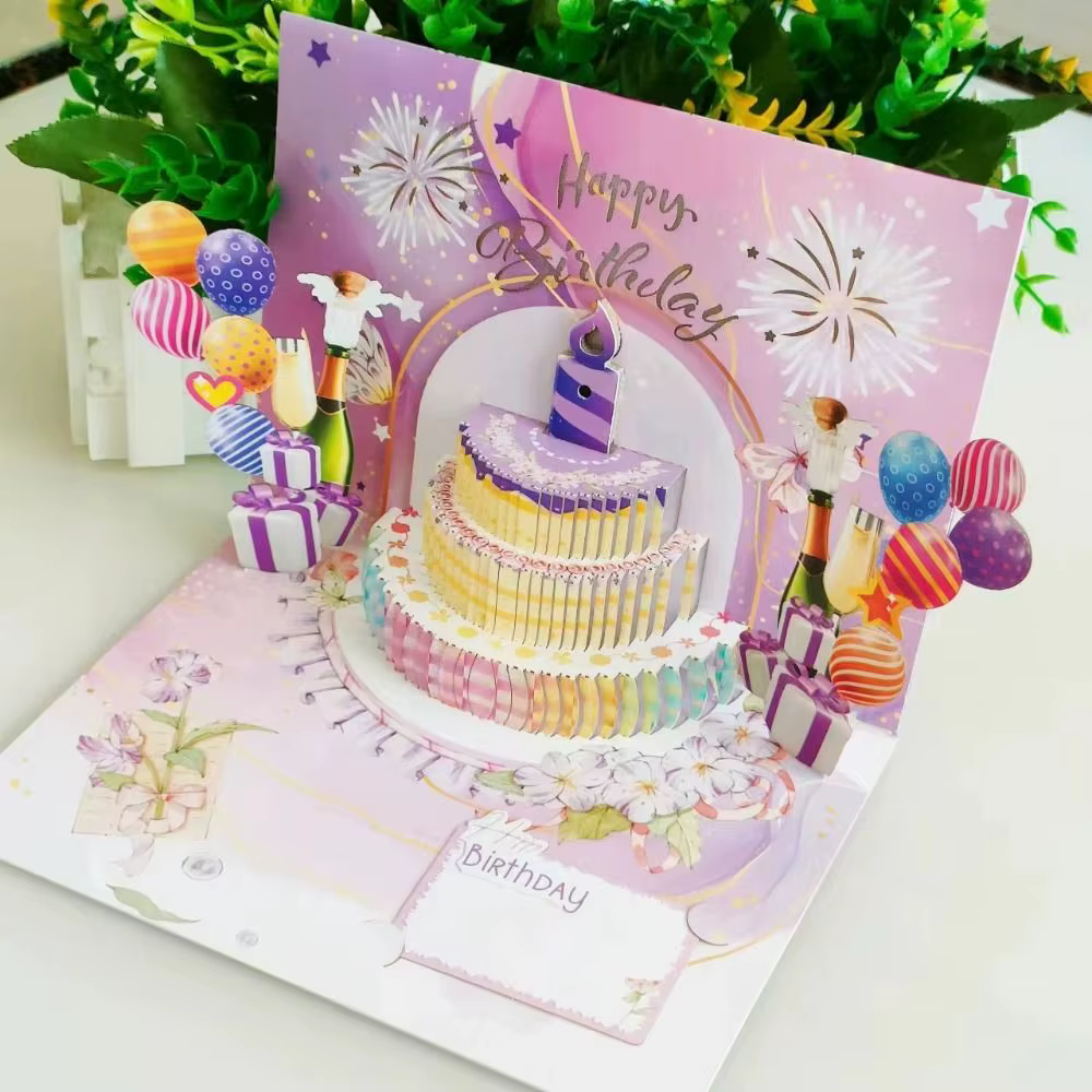 Carte de vœux musicale et lumineuse Joyeux Anniversaire avec effet bougie LED soufflable, carte postale gâteau d'anniversaire, découpe de papier ajourée unique