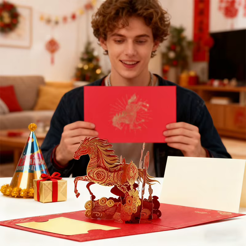 Carte de vœux Pop-Up 3D année du cheval 2026, feuille d'or, Design cheval, carte du nouvel an, bénédiction créative et souvenir, carte pliable