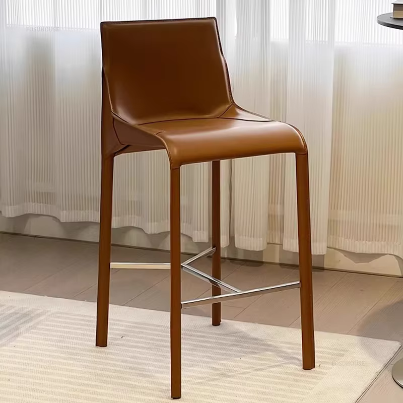 Chaises de bar en cuir italien pour petit appartement, tabourets de cuisine modernes haut de gamme, tabourets de bar de luxe légers avec dossier design