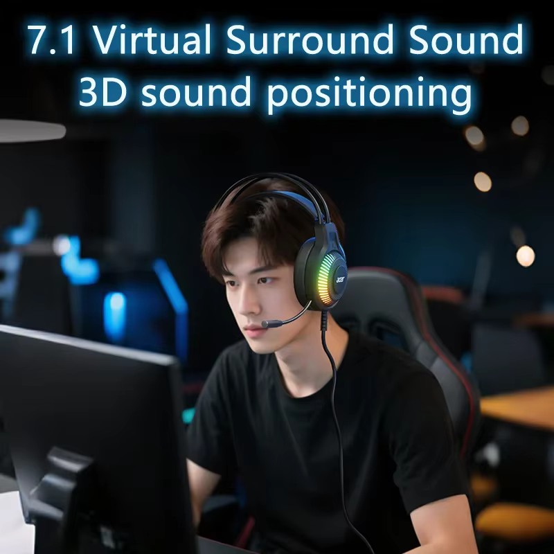 Acer casque de jeu avec micro 7.1 stéréo virtuel Surround lumière LED basse écouteurs casques Gamer pour ordinateur PC
