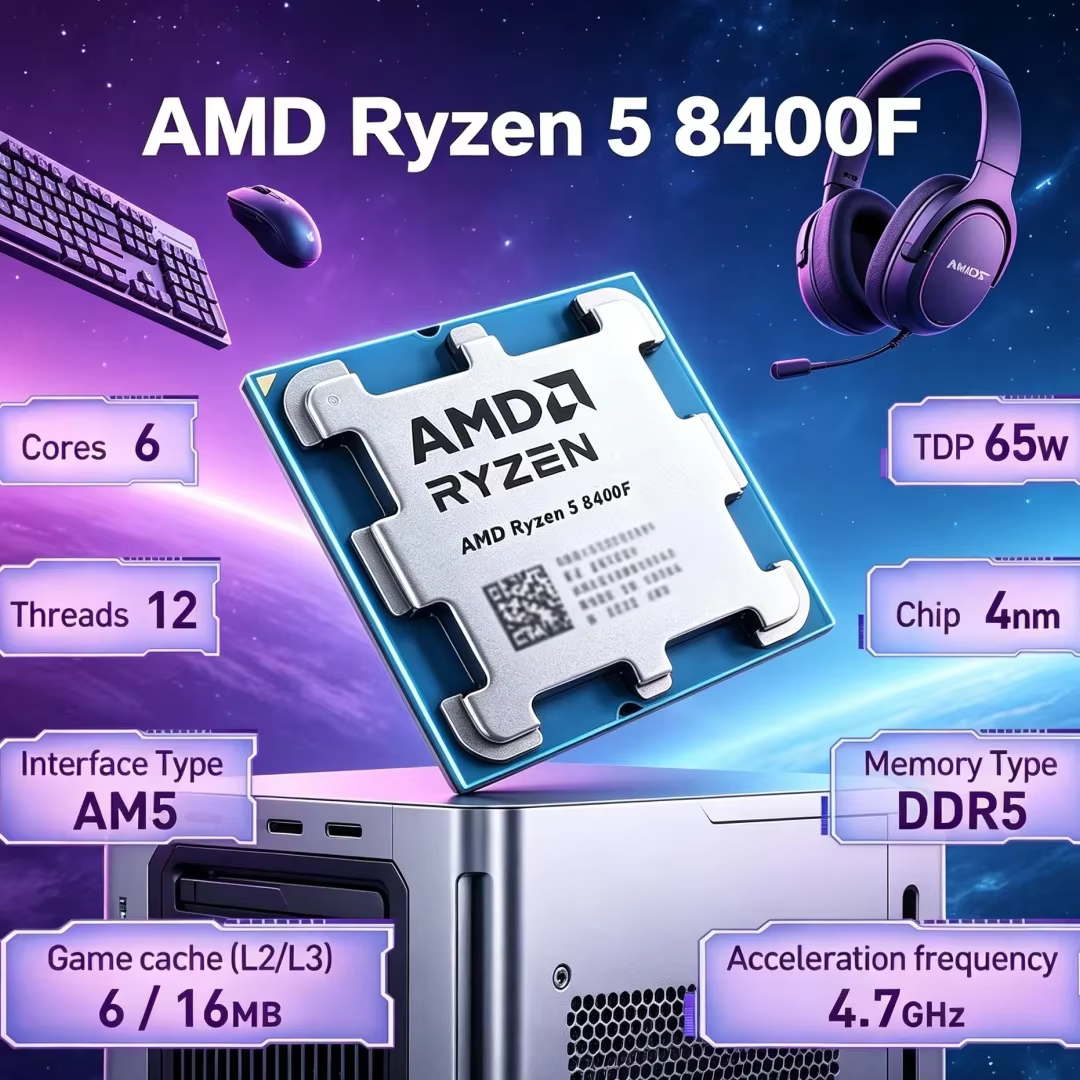 Processeur de jeu AMD R5 8400F Zen4 Premium 6C12T Max 4.2GHz Boost 4NM Faible Dissipation Thermique AM5 DDR5 (Puce Non Montée)