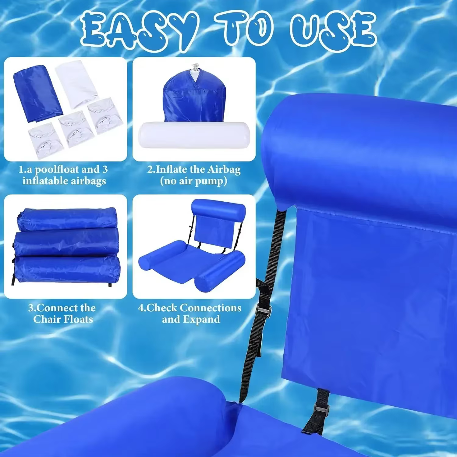 Chaise longue de piscine gonflable pour adultes, avec accoudoirs et appui-tête, tissu Oxford en PVC coloré, idéal pour la plage, le lac, la détente de la piscine