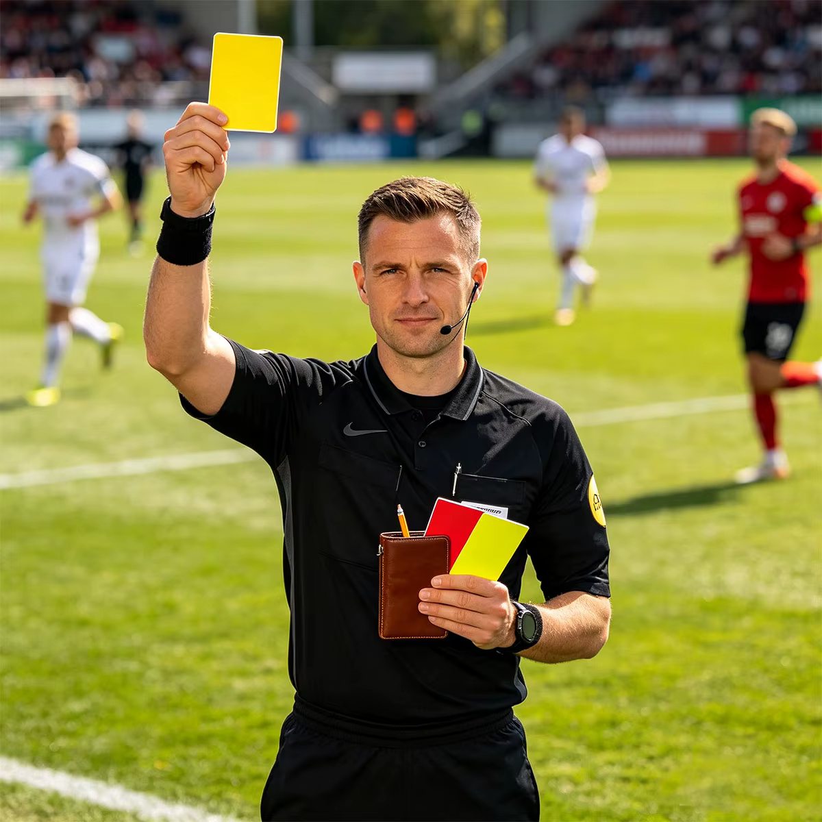 Ensemble de cartes rouges et jaunes d'arbitre avec bloc-notes, crayon et couverture en cuir – Outil de notation des pénalités pour arbitres de matchs de football