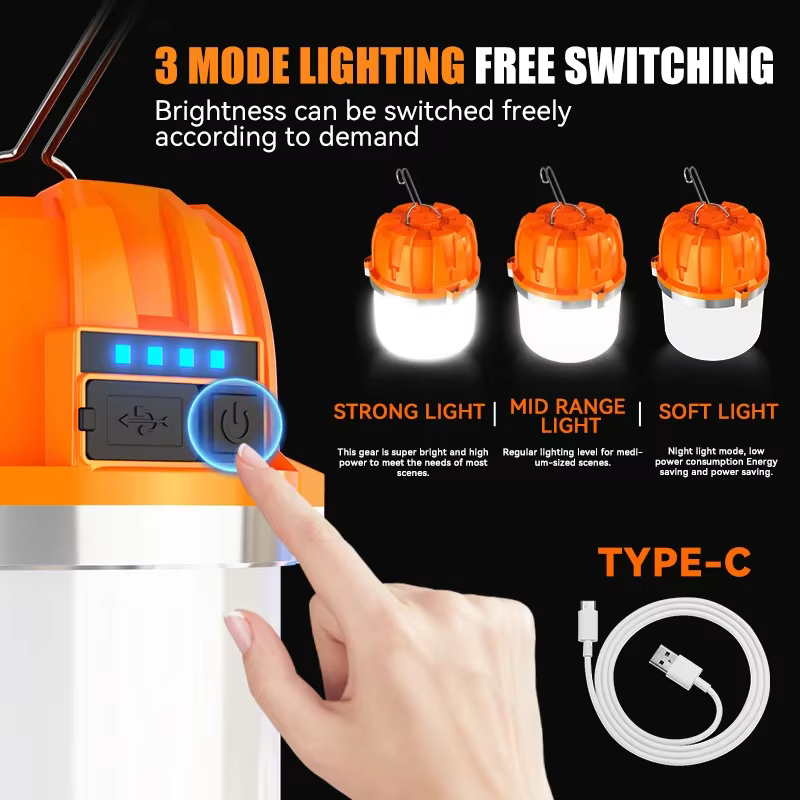 Lanterne de Camping LED 500W, lampe Portable Rechargeable par USB, ampoule avec affichage de puissance, lumière de secours pour la pêche en plein air