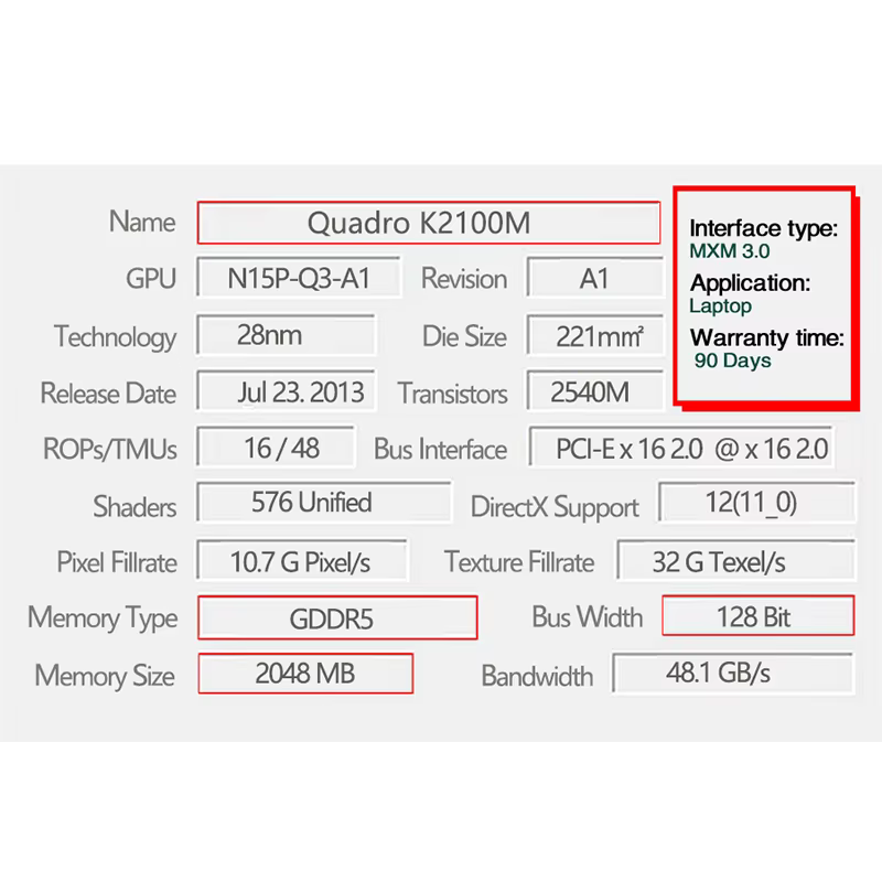 Carte graphique vidéo Quadro K2100 K2100M 2 go