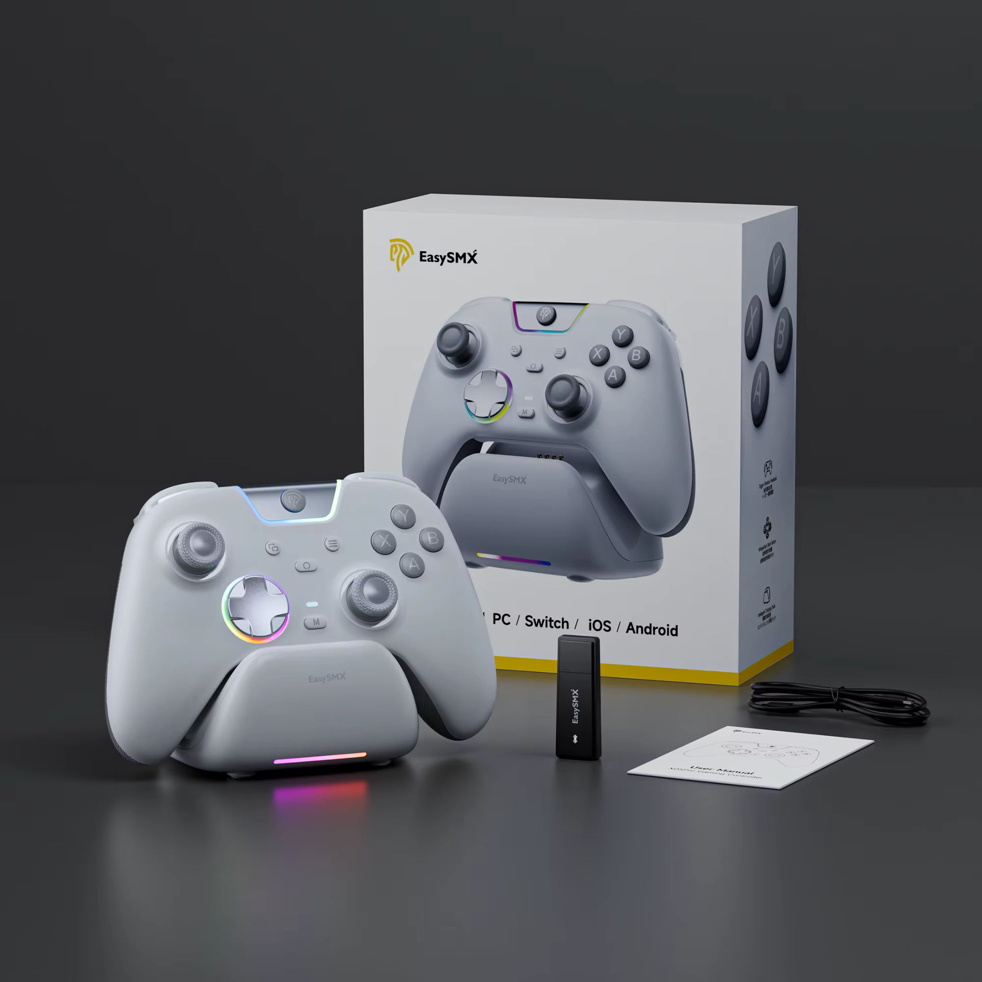 Manette de jeu sans fil EasySMX X05 Pro blanche et noire pour PC Windows