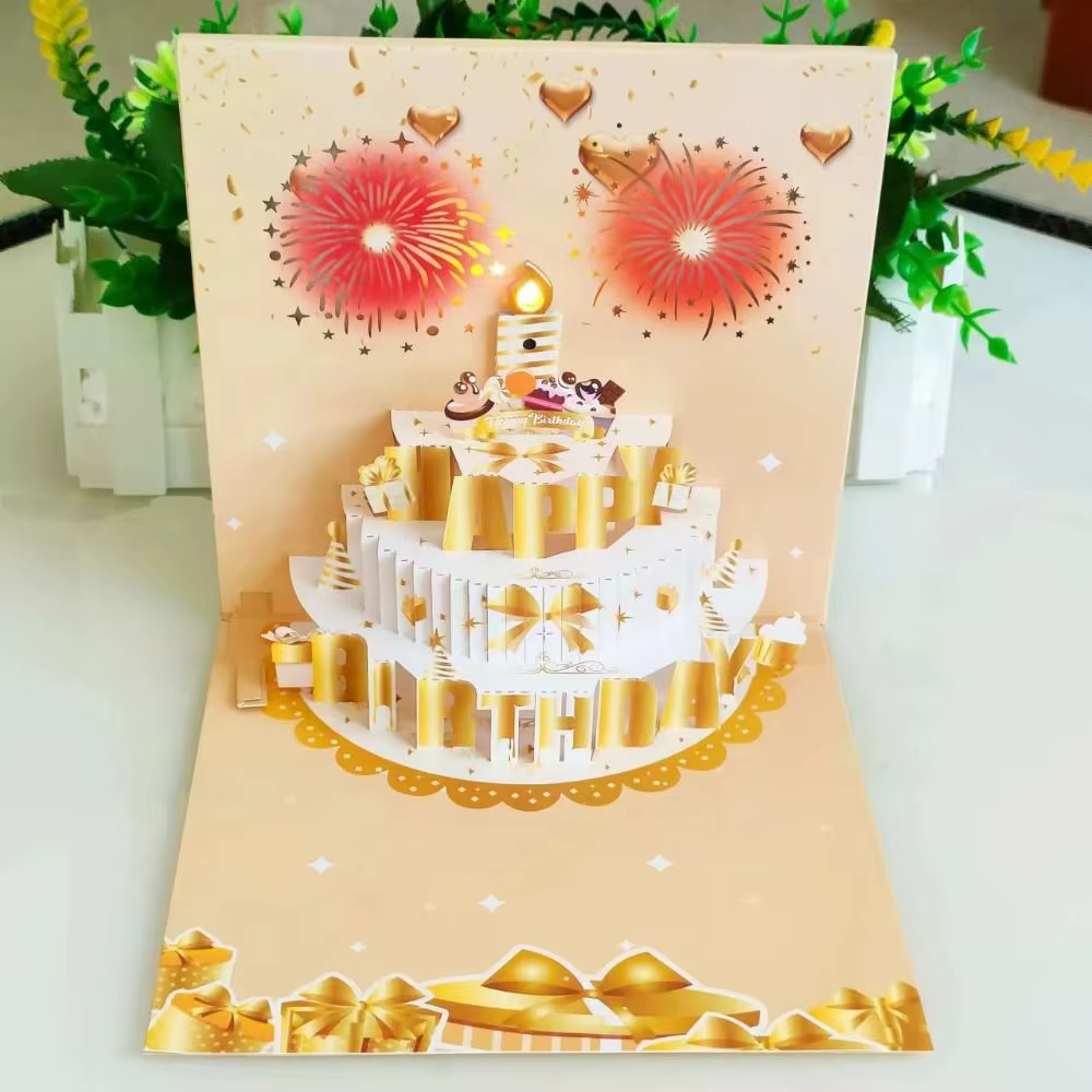 Carte de vœux musicale et lumineuse Joyeux Anniversaire avec effet bougie LED soufflable, carte postale gâteau d'anniversaire, découpe de papier ajourée unique