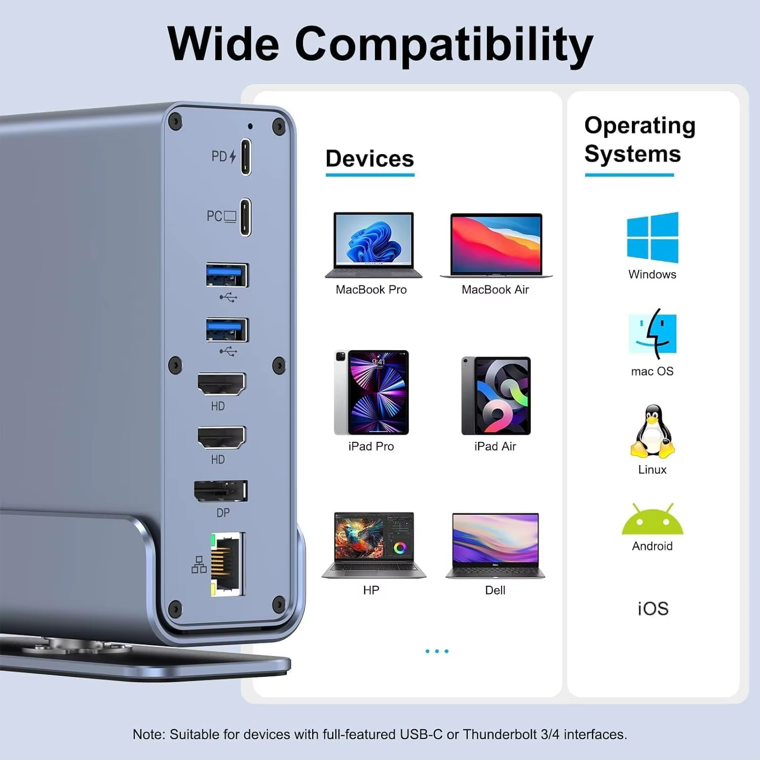 Station d'accueil pour ordinateur portable Thunderbolt4 USB C avec 2 ports USB compatibles HDMI