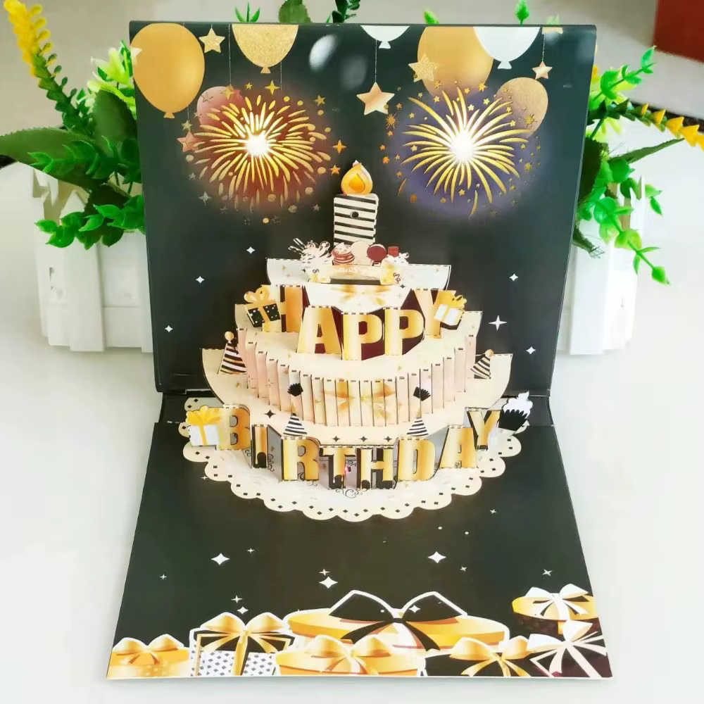 Carte de vœux musicale et lumineuse Joyeux Anniversaire avec effet bougie LED gonflable, carte 3D pop-up, motif dessin animé, découpe de papier ajourée