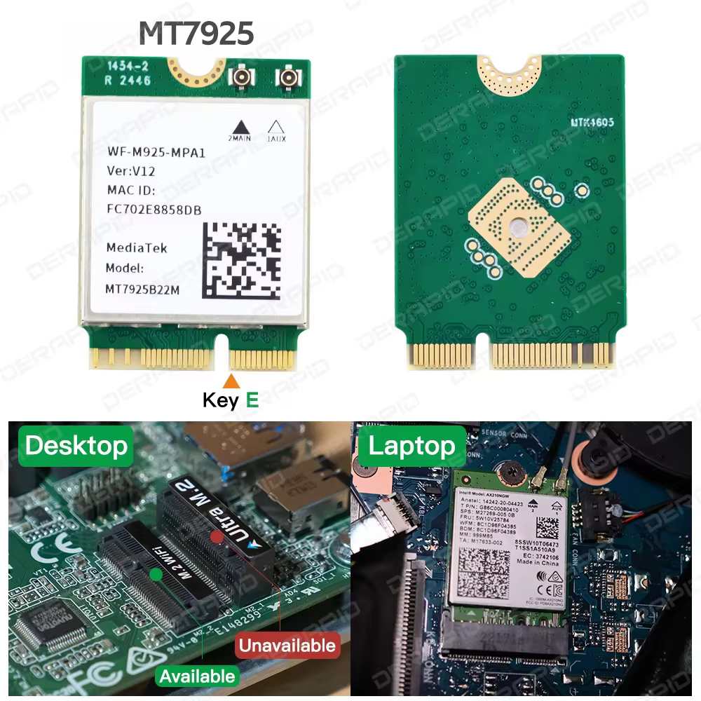 Carte LAN WiFi 7 M2 MT7925 Bluetooth 5.4 Tri-bande 2.4G 5G 6GHz 5400Mbps Adaptateur sans fil M.2 NGFF pour Win10/11