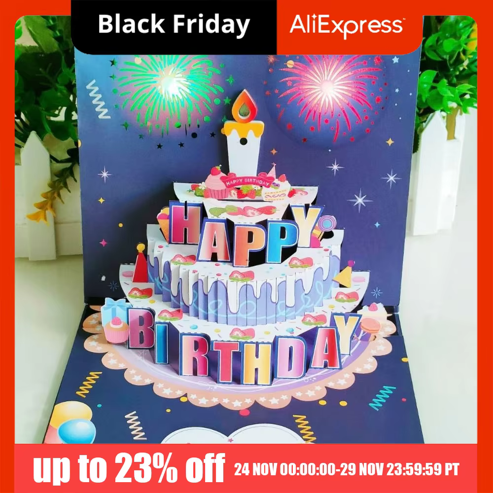 Carte de vœux musicale et lumineuse Joyeux Anniversaire avec effet bougie LED soufflable, carte postale gâteau d'anniversaire, découpe de papier ajourée unique