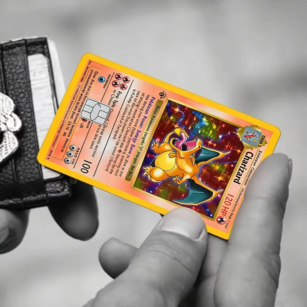 Autocollants mats pour cartes de crédit Anime Pikachu, jouets, dessins animés Pokémon Mewtwo Charizard, film autocollant pour cartes bancaires, petits autocollants à puce