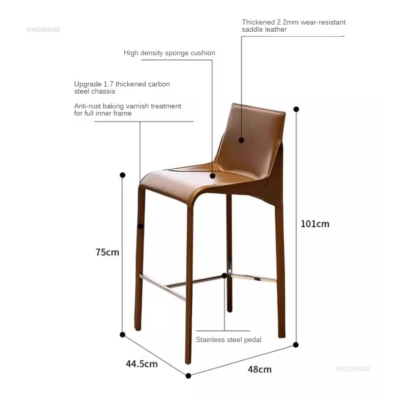 Chaises de bar en cuir italien pour petit appartement, tabourets de cuisine modernes haut de gamme, tabourets de bar de luxe légers avec dossier design