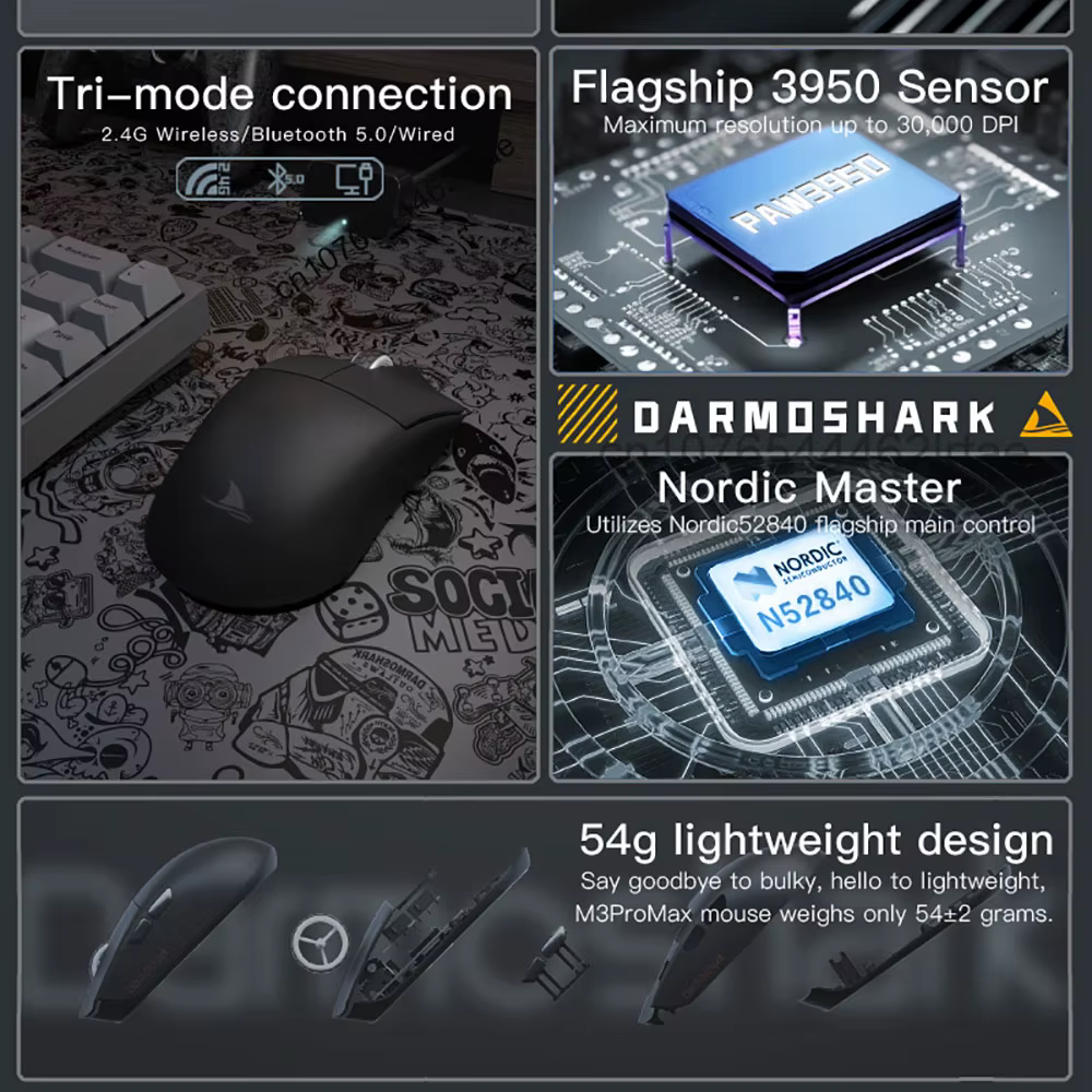Darmoshark M3 Pro /Max souris de jeu sans fil Bluetooth tri-mode PAW3395/3950 Nordic 52840