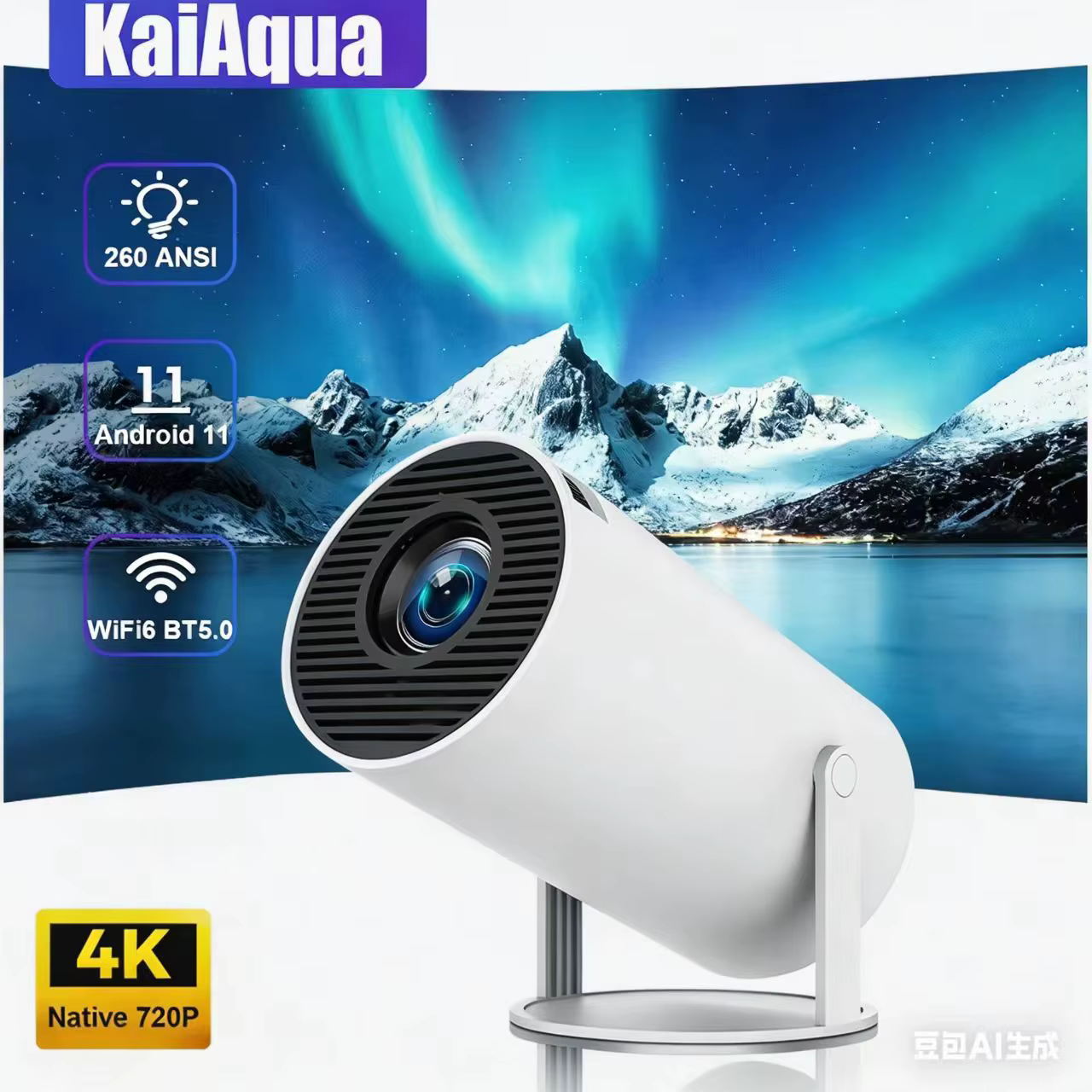 Projecteur Cylindrique Portable 1080P HD Compatible WiFi & Bluetooth 5