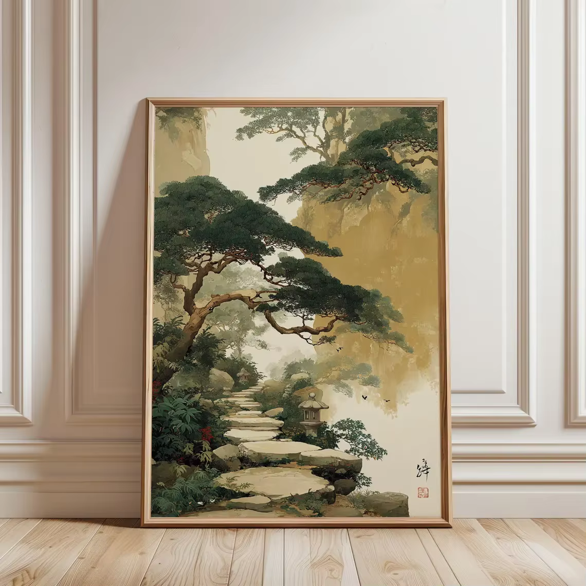 Affiche de chemin de jardin japonais, art mural vert beige, illustration de paysage forestier, impression de paysage naturel asiatique serein, décoration intérieure, style japonais
